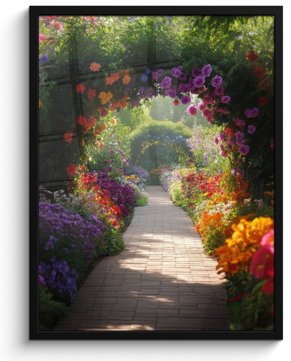 FrameYourWall Poster in lijst - Fotolijst 50x70 cm - Posters - Doorkijk - Pad - Bloemen - Struik - Kleurrijk - Posterlijst zwart - Decoratie - Wanddecoratie woonkamer - Muurdecoratie slaapkamer Doorkijk - Bloemen