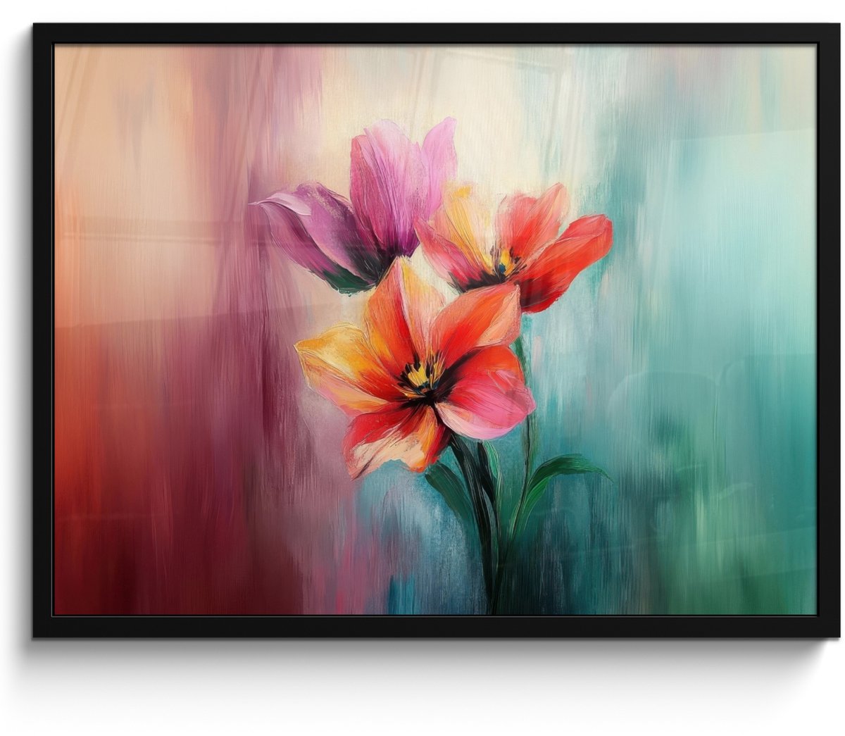 FrameYourWall Poster in lijst - Fotolijst 70x50 cm - Posters - Tulpen - Lichtreflecties - Kleurverloop - Posterlijst zwart - Decoratie - Wanddecoratie woonkamer - Muurdecoratie slaapkamer Tulpen - Kleurrijk