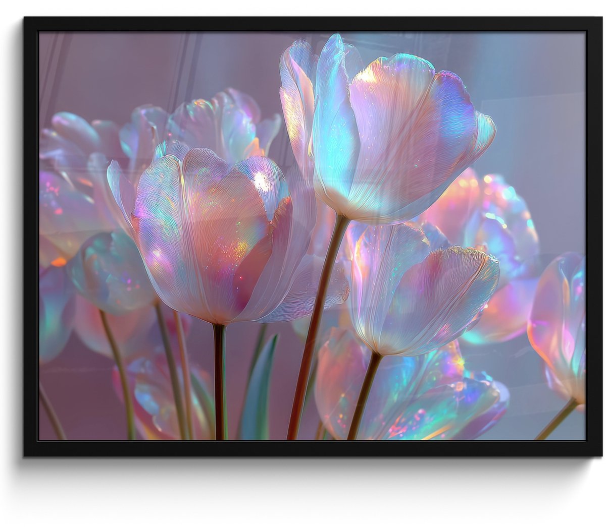 FrameYourWall Poster in lijst - Fotolijst 70x50 cm - Posters - Tulpen - Glazen - Bloemblaadjes - Pasteltinten - Posterlijst zwart - Decoratie - Wanddecoratie woonkamer - Muurdecoratie slaapkamer