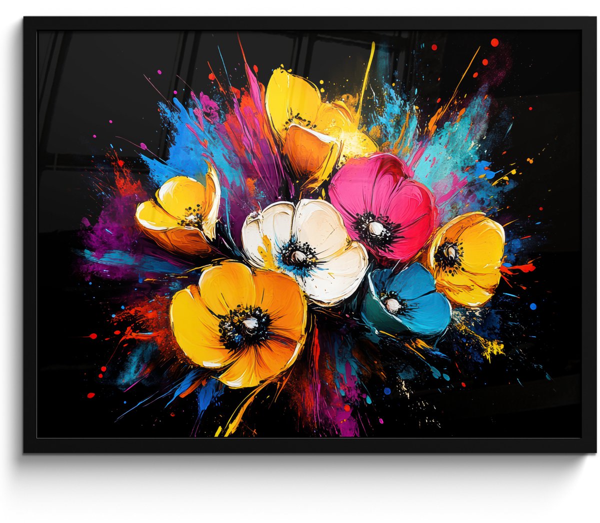FrameYourWall Poster in lijst - Fotolijst 70x50 cm - Posters - Bloemen - Kleurrijk - Graffiti - Modern - Boeket - Posterlijst zwart - Decoratie - Wanddecoratie woonkamer - Muurdecoratie slaapkamer Graffiti - Bloemen