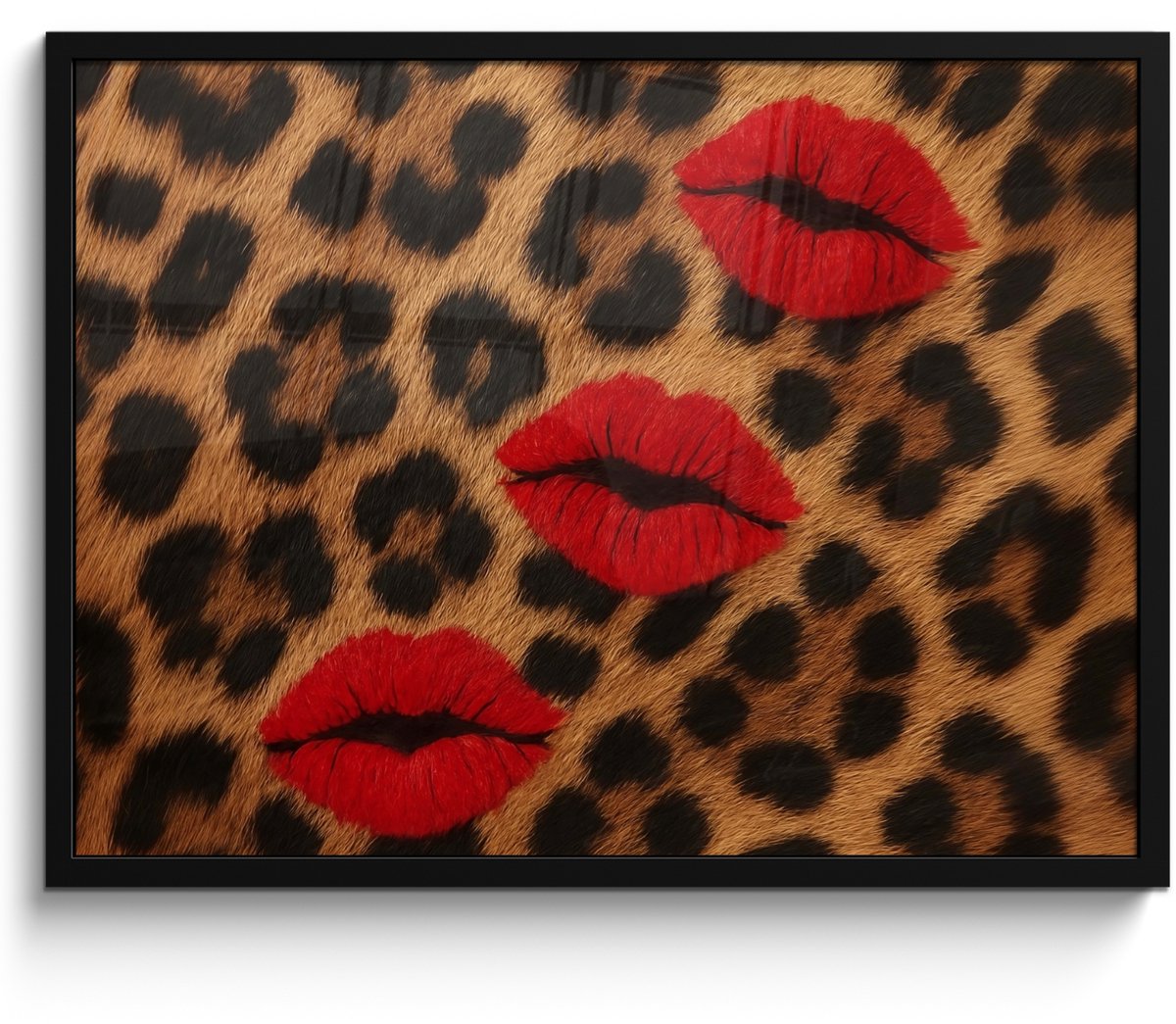 FrameYourWall Poster in lijst - Fotolijst 70x50 cm - Posters - Lippen - Drie - Rood - Panterprint - Posterlijst zwart - Decoratie - Wanddecoratie woonkamer - Muurdecoratie slaapkamer Lippen - Panterprint