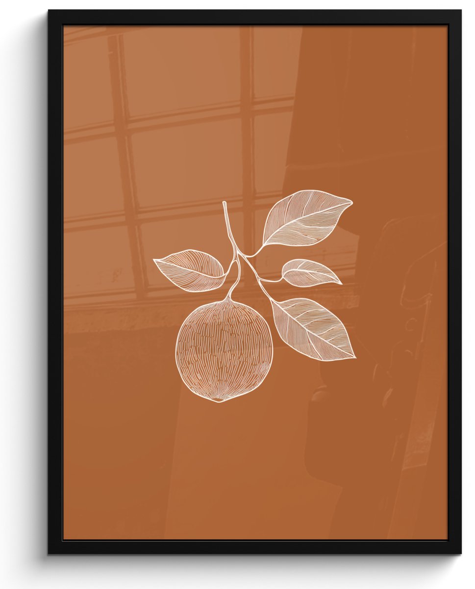 FrameYourWall Poster in lijst - Fotolijst 50x70 cm - Posters - Sinaasappel - Getekend - Bladeren - Bruin - Posterlijst zwart - Decoratie - Wanddecoratie woonkamer - Muurdecoratie slaapkamer