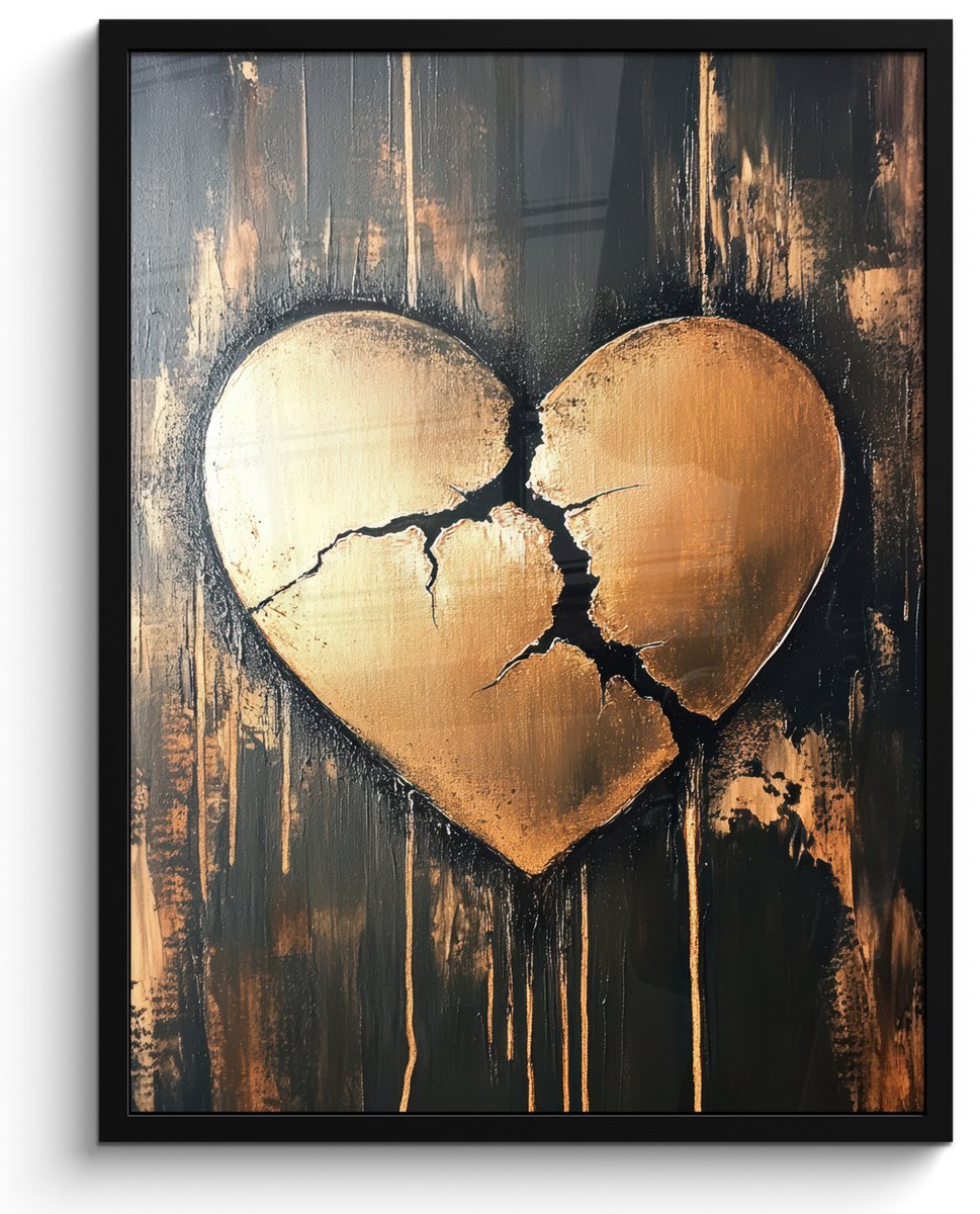 FrameYourWall Poster in lijst - Fotolijst 50x70 cm - Posters - Gebroken hart - Goud - Houtlook - Liefde - Posterlijst zwart - Decoratie - Wanddecoratie woonkamer - Muurdecoratie slaapkamer