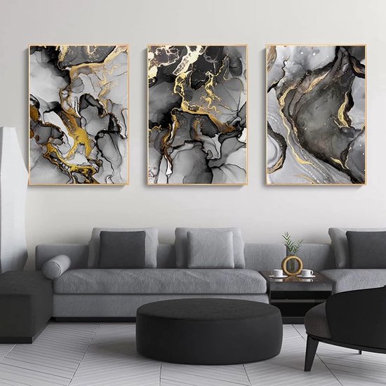 Abstract Marmeren Kunst Canvas Afbeelding Zwart Wit Goud Grijs voor Woonkamer en Slaapkamer
