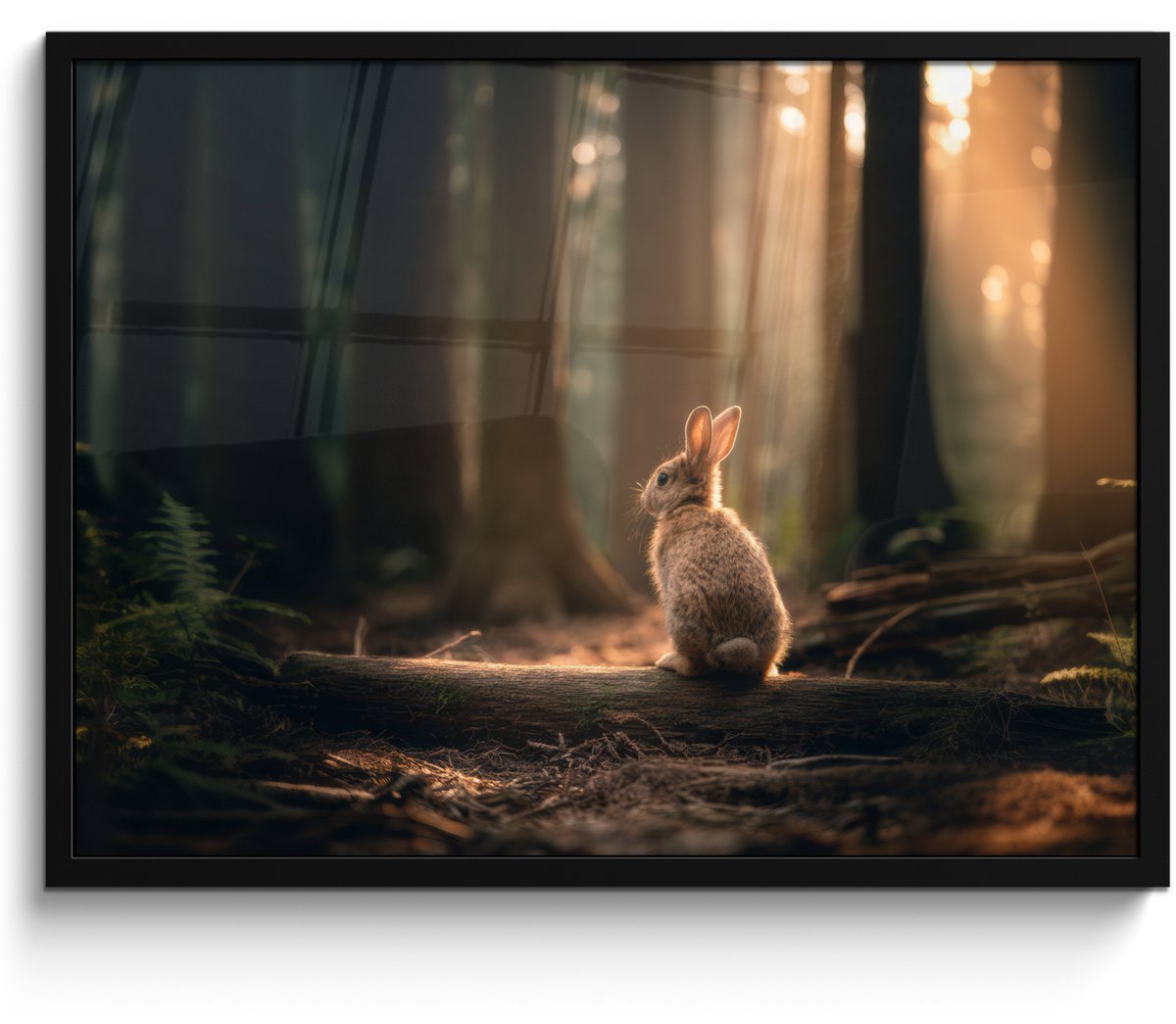 FrameYourWall Poster in lijst - Fotolijst 70x50 cm - Posters - Konijn - Bos - Zonnestralen - Posterlijst zwart - Decoratie - Wanddecoratie woonkamer - Muurdecoratie slaapkamer