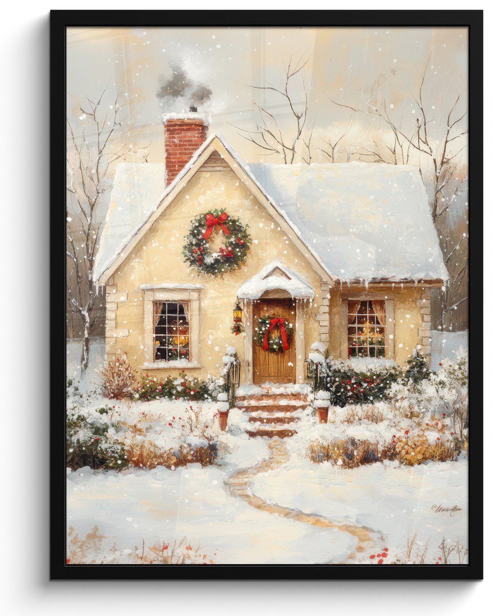 FrameYourWall Poster in lijst - Fotolijst 50x70 cm - Posters - Kerst - Huis - Winter - Sneeuw - Posterlijst zwart - Decoratie - Wanddecoratie woonkamer - Muurdecoratie slaapkamer - Kerstversiering - Kerstdecoratie voor binnen - Kerstmis Huis - Sneeuw