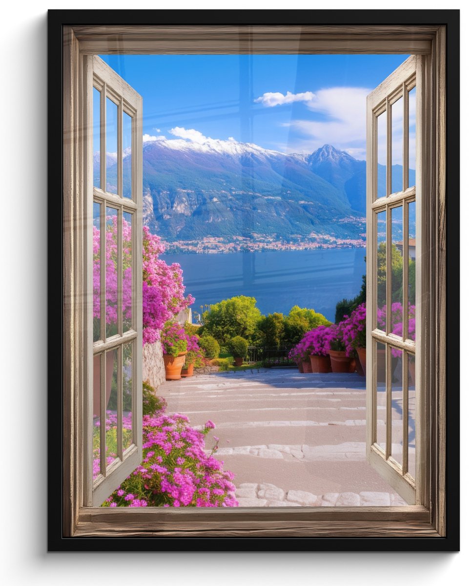 FrameYourWall Poster in lijst - Fotolijst 50x70 cm - Posters - Doorkijk - Berg - Landschap - Uitzicht - Meer - Posterlijst zwart - Decoratie - Wanddecoratie woonkamer - Muurdecoratie slaapkamer