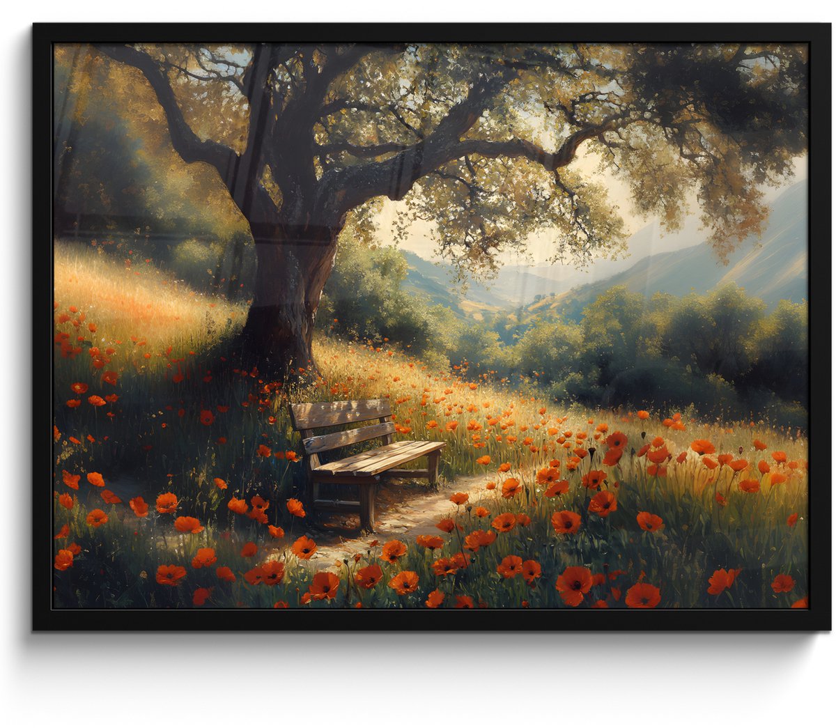 FrameYourWall Poster in lijst - Fotolijst 70x50 cm - Posters - Bankje - Boom - Klaprozen - Heuvels - Posterlijst zwart - Decoratie - Wanddecoratie woonkamer - Muurdecoratie slaapkamer