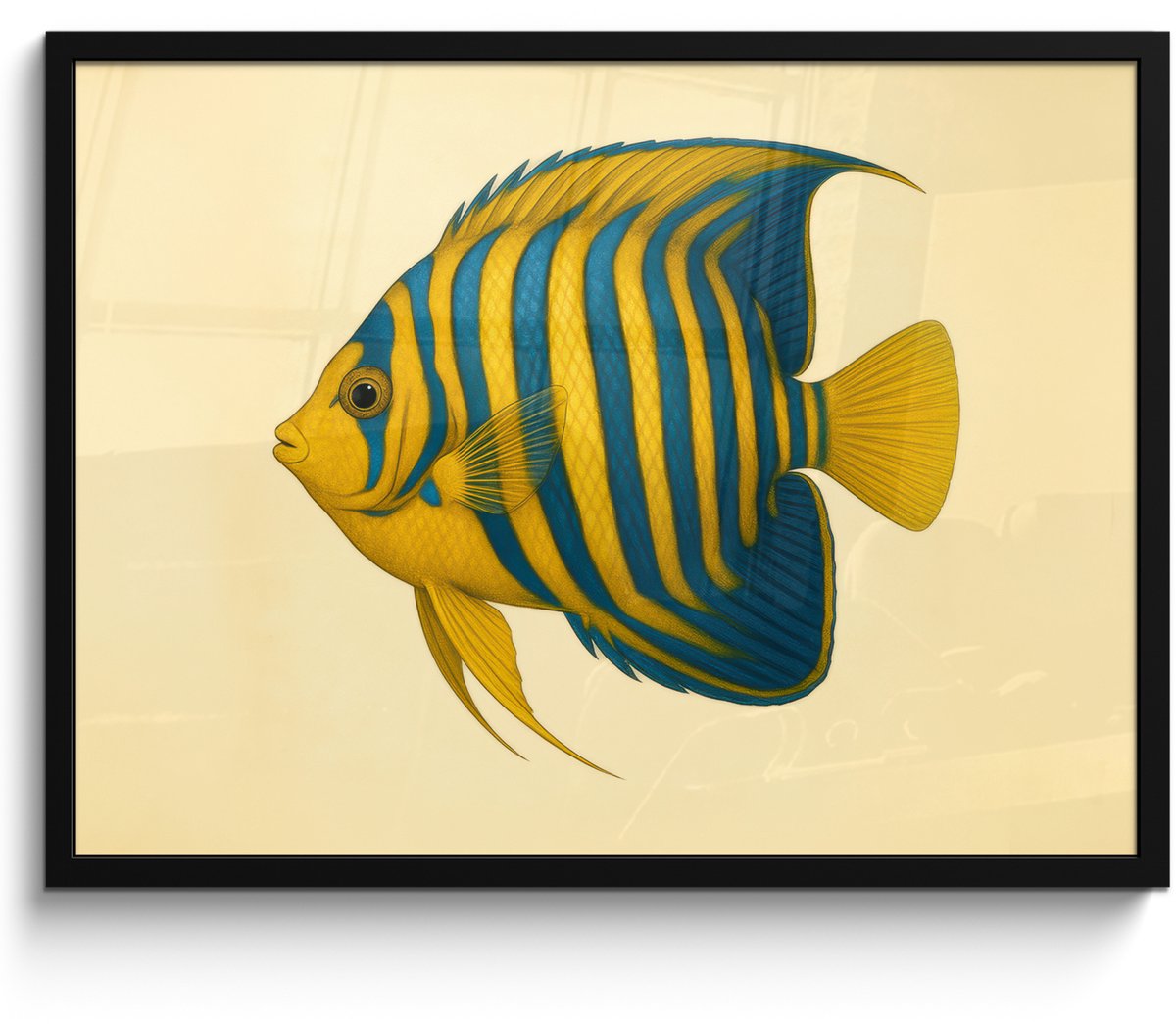 FrameYourWall Poster in lijst - Fotolijst 70x50 cm - Posters - Felgeel - Vis - Strepen - Vinnen - Posterlijst zwart - Decoratie - Wanddecoratie woonkamer - Muurdecoratie slaapkamer Vis - Vinnen - Strepen