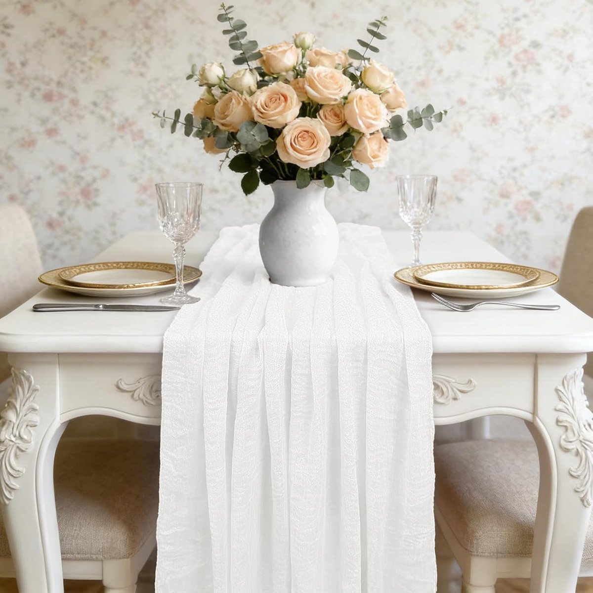 Boho Tafelloper Wit 280x80 cm Gevouwen Stof Rustieke Loper voor Feesten en Decoratie