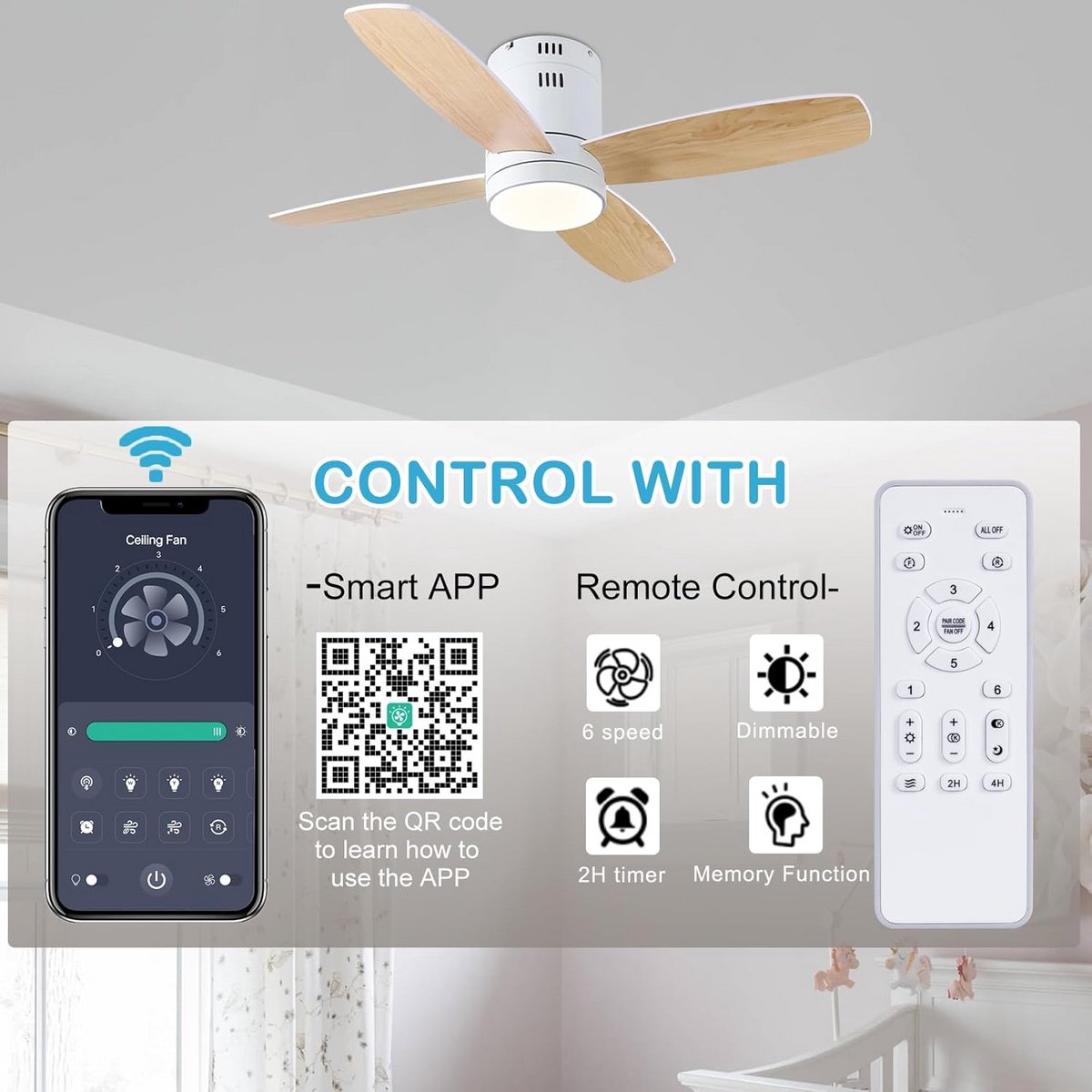 Stille Plafondventilator met Verlichting 96,5 cm Inbouw Afstandsbediening App-Bediening Dimbaar
