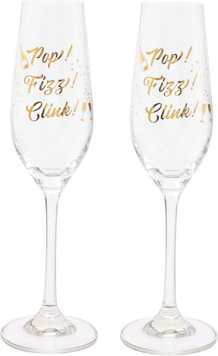 Set van twee 'Pop, Fizz, Clink' Champagneglazen 220 ml in geschenkverpakking