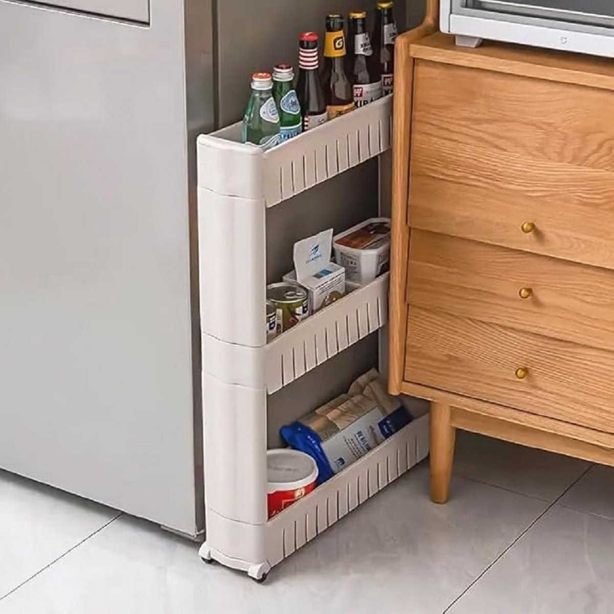 Smalle Rolwagen met 3 Planken en Wielen - Ruimtebesparend voor Keuken en Badkamer