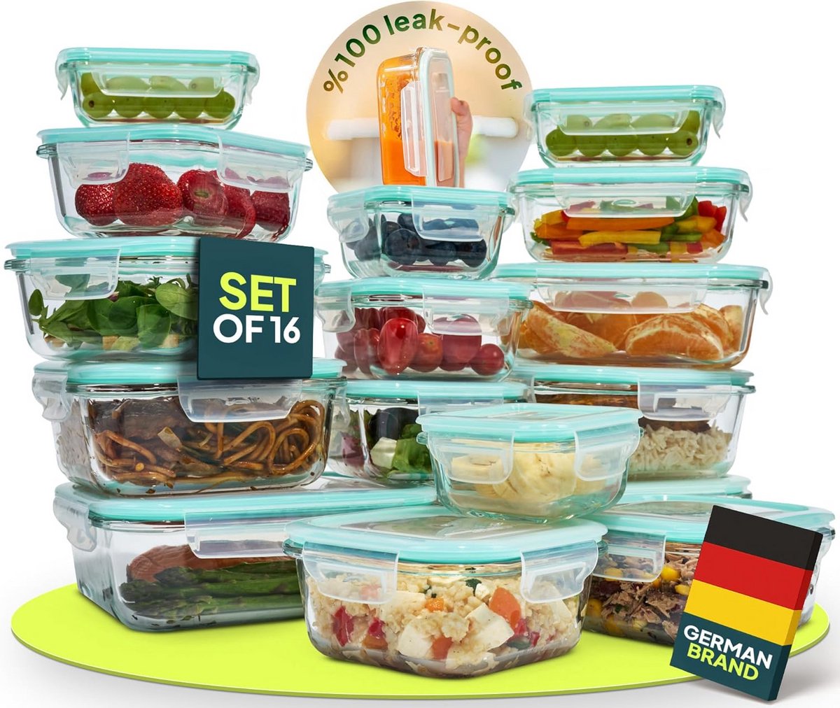 Set van 16 Glazen Bewaarbakjes met Deksel voor Meal Prep en Opslag