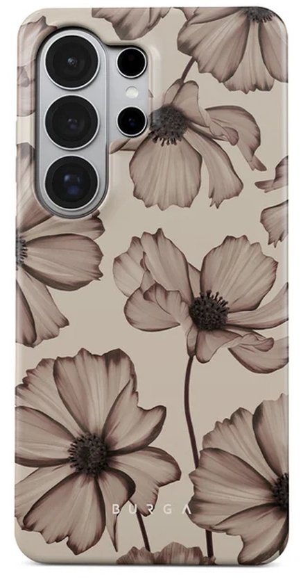 Telefoonhoesje met een beige achtergrond en bruine bloemenprint. Met de tekst BURGA.