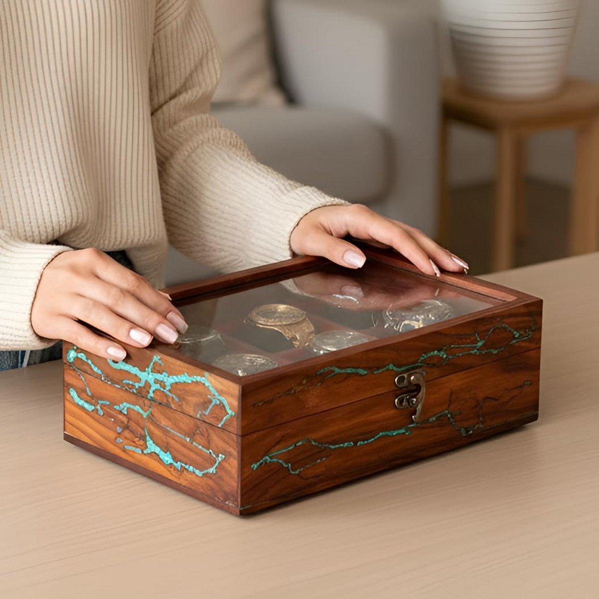 Luxe Houten Horloge Opbergdoos voor 6 Horloges - Handgemaakt