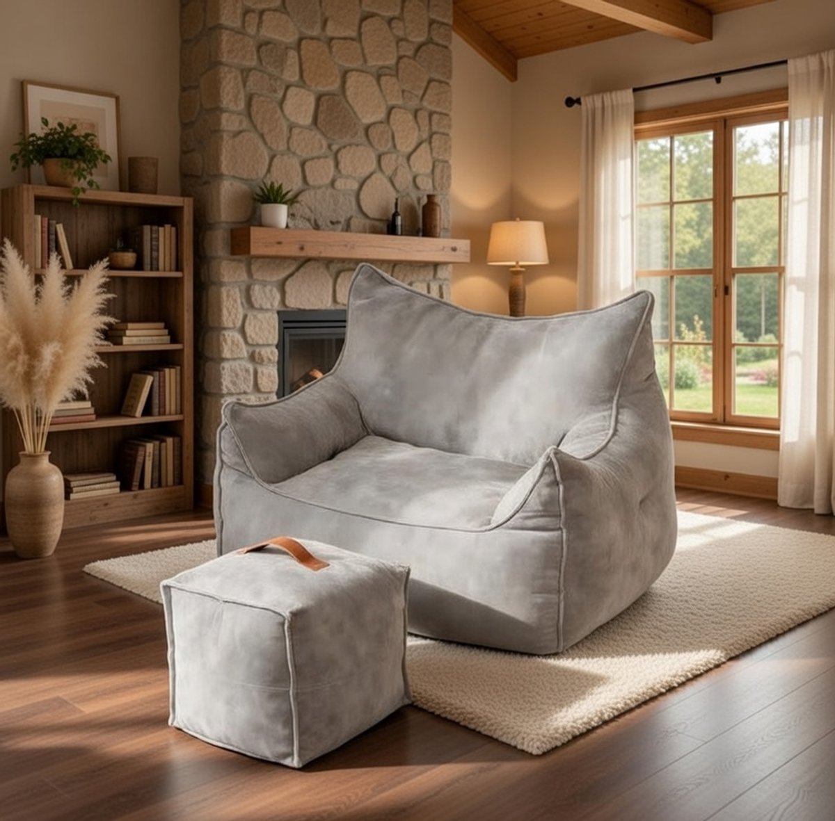 XXL Zitzakbank met Kruk - Ergonomische bank en relaxbank voor volwassenen - Comfortabele loungestoel, gamingstoel, leesstoel en meditatiestoel - Wolkenfluweel, Grijs Casa Serena