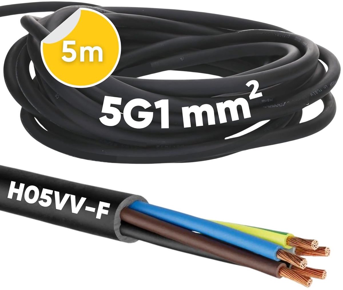 5 meter Kalitec H05VV-F flexibele kabel 5x1 mm² | 5G1 mm² stroomkabel met beschermingsgeleider | PVC-kabel voor binnengebruik | zwarte elektrische kabel | flexibele lampkabel | 5-aderige apparaatkabel