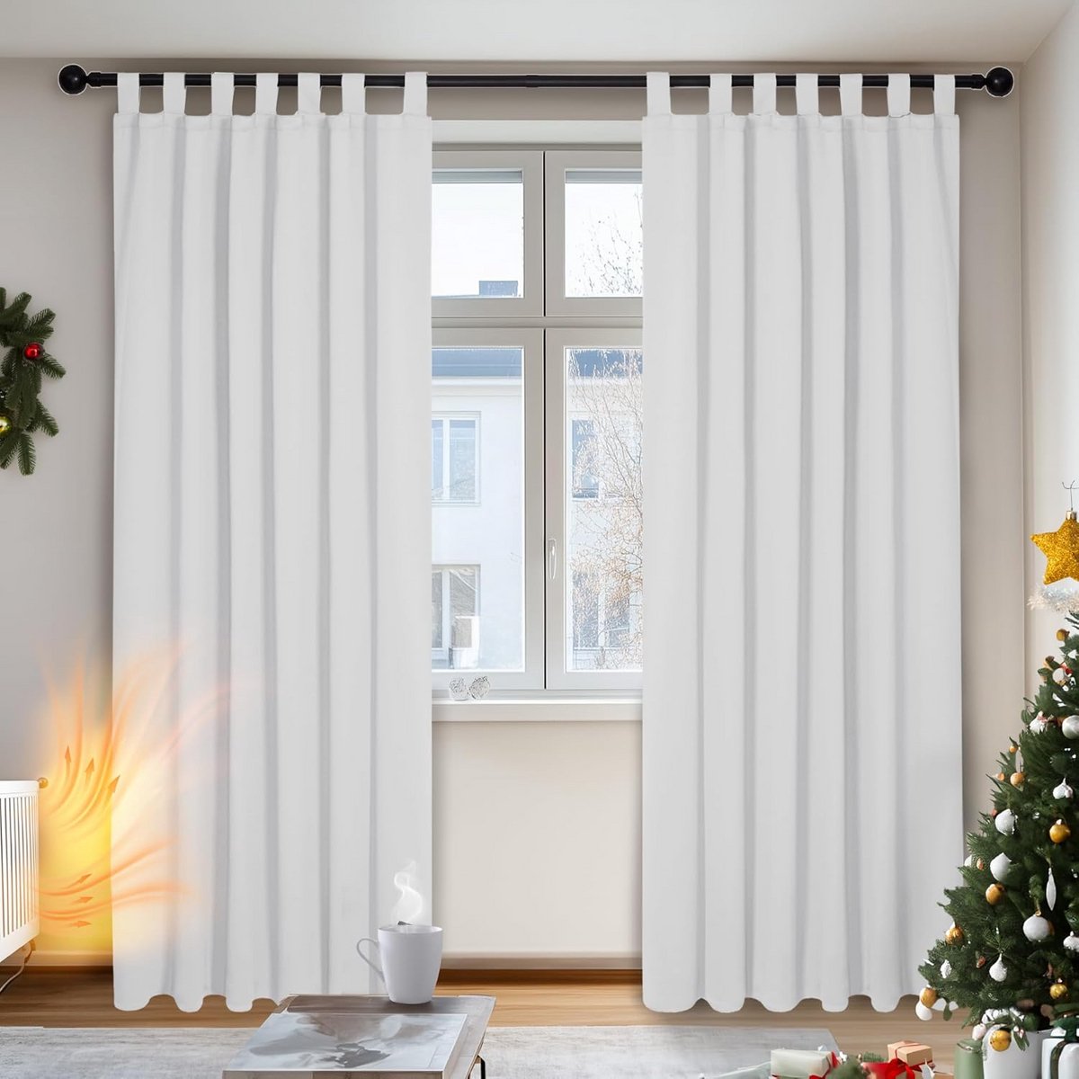 Set van 2 Verduisterende Gordijnen met Lussen 140x200 cm Grijswit - Warmtewerend en Ondoorzichtig