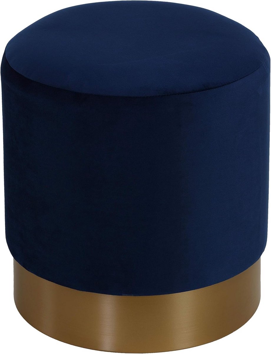 Luxe Ronde Fluvelen Poef met Gouden Sokkel in Donkerblauw