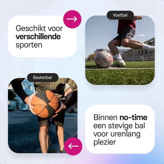 Basketbal en voetbal. Basketbal in handen van persoon, voetbal op veld. Tekst: 'Geschikt voor verschillende sporten', 'Voetbal', 'Basketbal', 'Binnen no-time een stevige bal voor urenlang plezier'.