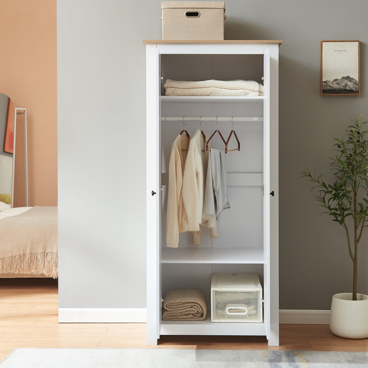 en.casa Kledingkast Trorjam 2-deurs 175x80x52 cm wit en eikenkleurig [en.casa]