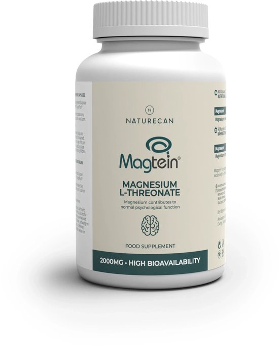 Witte pot met 'Magtein Magnesium L-Threonaat' voedingssupplement met 2000 mg per dagdosering, veganistisch.