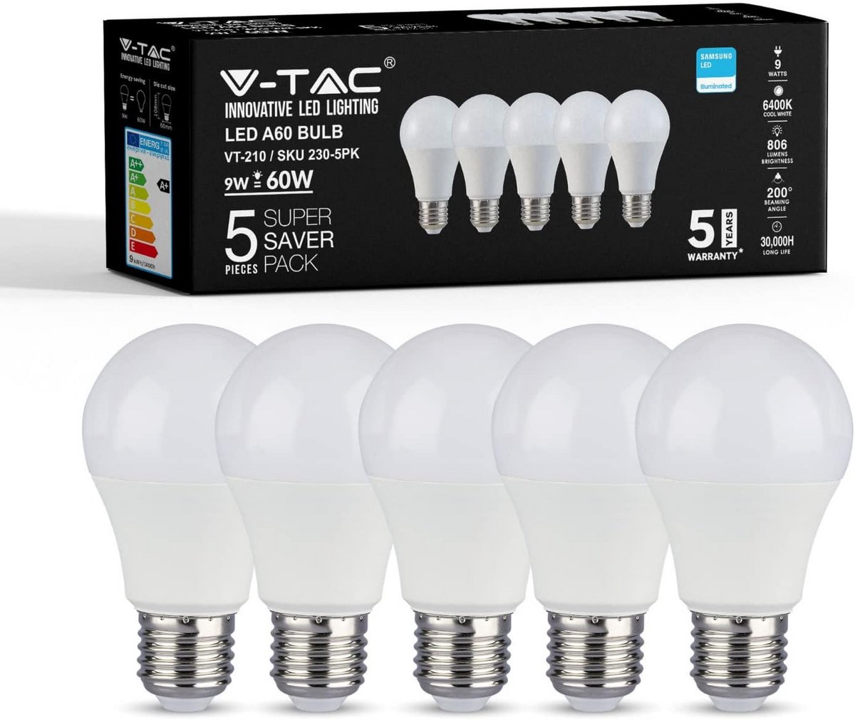 Set van 5x E27 LED Lamp 9W (60W Vervanger) - Helder Koudwit Licht