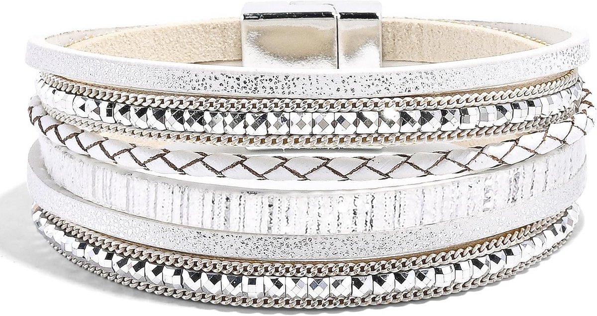 Witte, meerlaagse leren wikkelarmband voor dames in Bohémien stijl