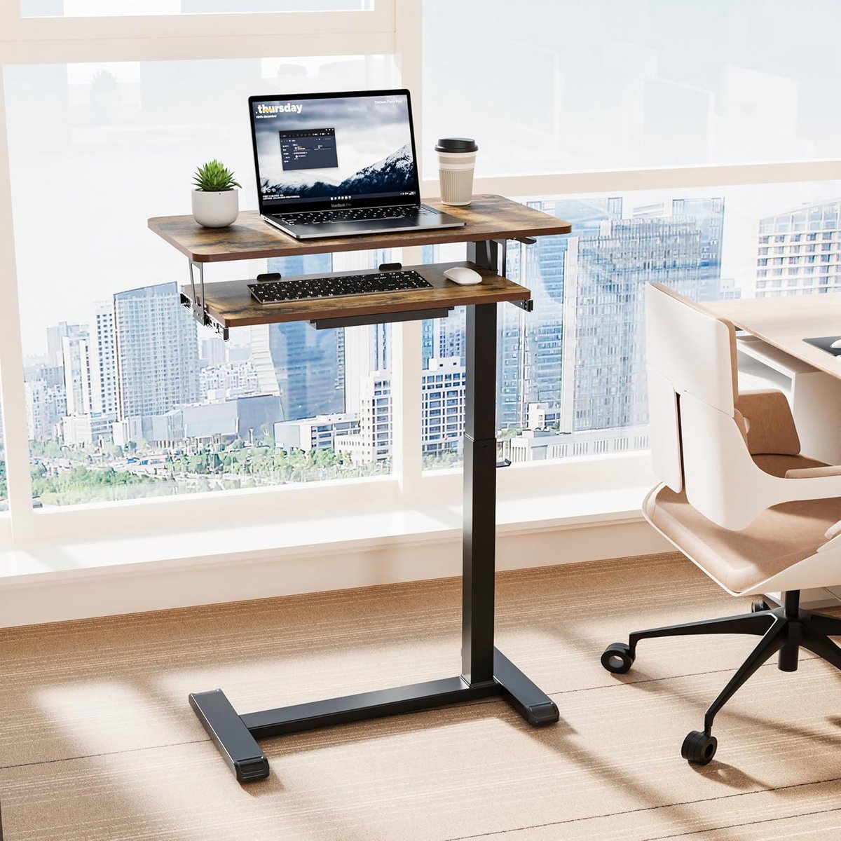 Adjustable Bed & Sofa Side Desk with Keyboard Tray 68×50 cm – Height Adjustable 72–109 cm, Mobile Rolling Laptop Table, Ergonomic Home Office & Hospital Bed Table – Walnut – Abkantoor