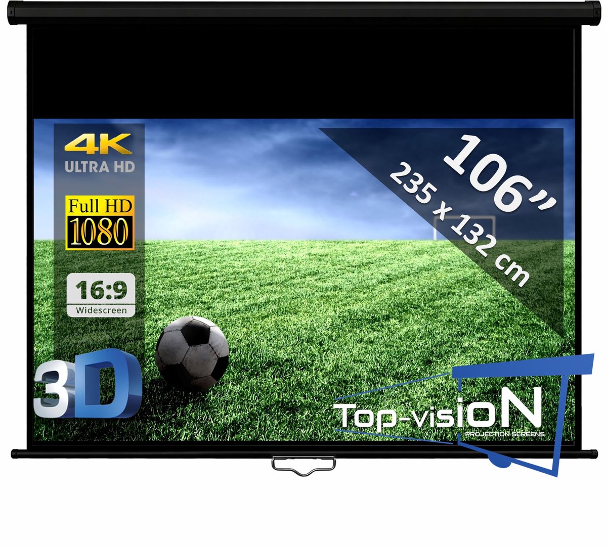 Manueel Projectiescherm (16:9) – Ø 106" - 270 cm // 235 ↔ x 132 ↕ cm - beamer scherm - economy - ZWARTE behuizing