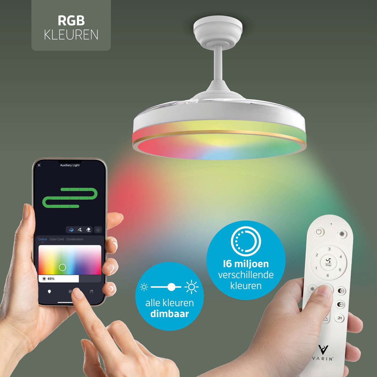 Varin® Smart Plafondventilator met LED verlichting RGBW - Wit/Goud - Tuya Wifi - Ø 50cm/108cm - Super stil - Smart lamp - Plafondlamp slaapkamer - Plafonniere woonkamer - Plafondlampen - Plafond lamp - Verlichting kinderkamer - Plafond ventilator thumbnail 5