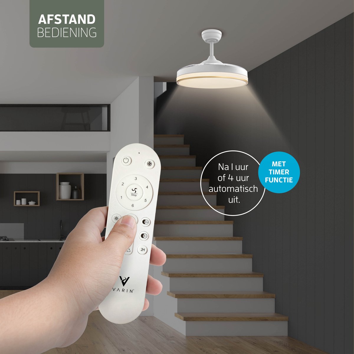 Varin® Smart Plafondventilator met LED verlichting RGBW - Wit/Goud - Tuya Wifi - Ø 50cm/108cm - Super stil - Smart lamp - Plafondlamp slaapkamer - Plafonniere woonkamer - Plafondlampen - Plafond lamp - Verlichting kinderkamer - Plafond ventilator thumbnail 4
