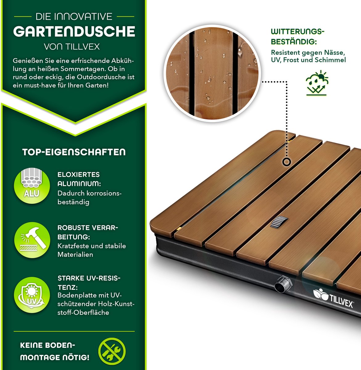 tillvex® Tuindouche voor buiten met een fonteinhoogte tot 4 m | Vloerdouche met voetpedaal | Antislip campingdouche buitendouche | Weerbestendige sauna- en gemaakt van aluminium/WPC (Rechthoekig) thumbnail 3
