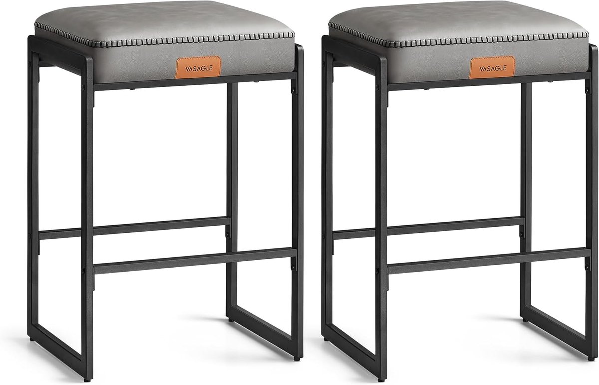 Furnstar - Barkruk set van 2 - Barstoel - Keukenstoel - Kunstleer met naden - Mid-Century moderne stijl - 66 cm hoog - Huisbar en eetkamer - Eenvoudige montage - Duifgrijs