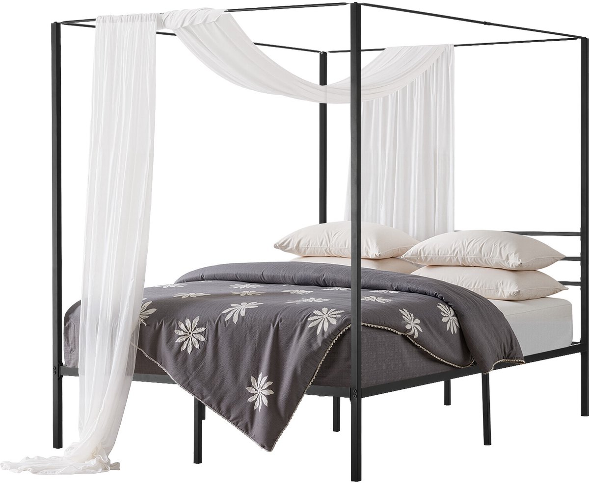 Vevor Hemelbedframe Queen Size Metalen Buis Hemelbed met 4 Posters Zwart