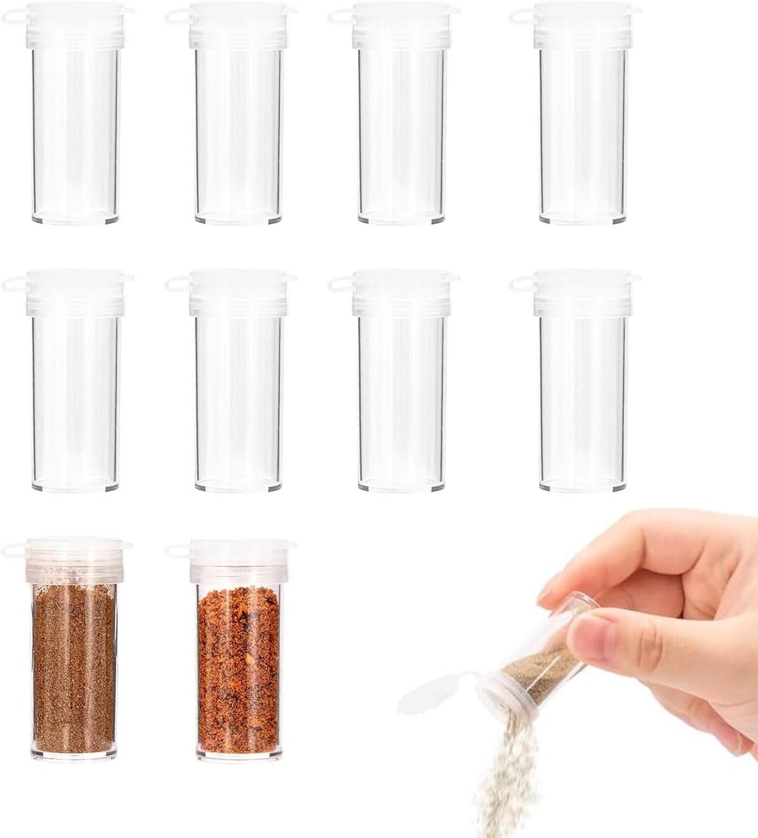 Kruidenpotflessen set met zeefdeksels - 10 stuks voor poeder - Mini kruidenshakers voor kamperen en picknicks - Plastic keukencontainers - Lunchbox accessoires