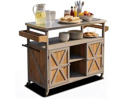 Coemo JAMES houten serveerwagen, keukeneilandwagen met vergrendelbare wielen, roestvrijstalen tafelblad, ook ideaal voor tuin, terras en barbecues 138 x 47 x 92 cm, Grijs