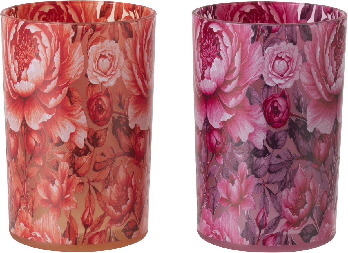 J-Line theelichthouder Bloemen - glas - oranje/roze - large - set van 2
