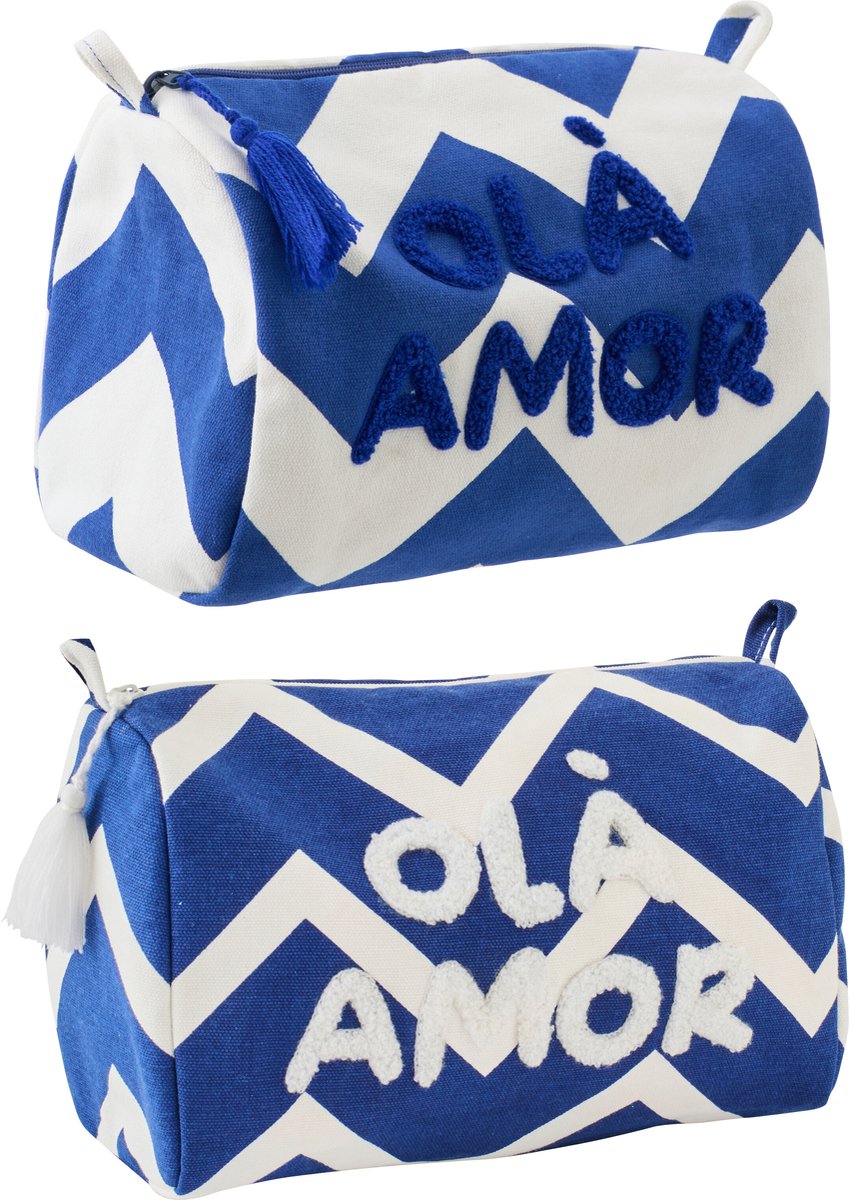 J-Line toilettas Ola Amor - katoen - wit/donkerblauw - set van 2