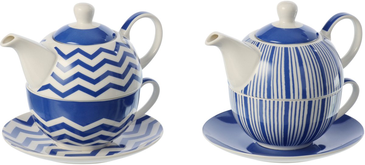 J-Line theepot - porselein - blauw/wit - set van 2