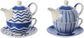 J-Line theepot - porselein - blauw/wit - set van 2