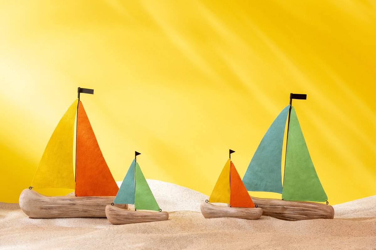 J-Line decoratie Zeilboot - hout - mix - small - set van 2