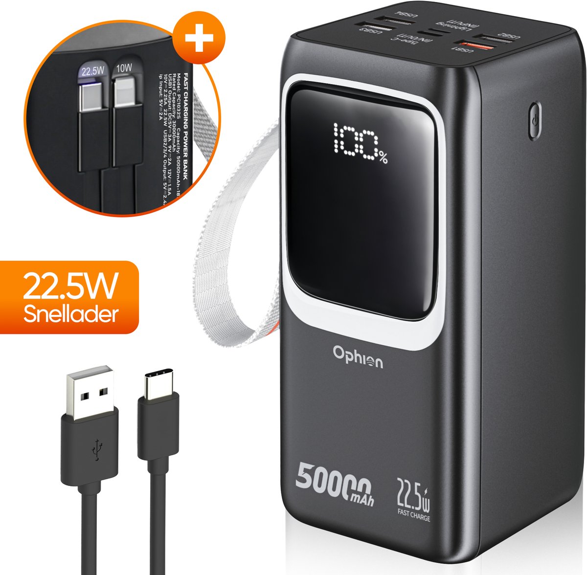 Ophion Powerbank PRO 50.000 mAh met 7 Oplaadpoorten - Ophion® - €54,99