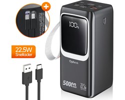 Ophion® Powerbank PRO 50.000 mAh – 7 Oplaadpoorten – Quick charge - Snellader 22.5 W voor USB-C, USB-A, Micro-USB - Inclusief Kabel – Noodpakket - Zwart