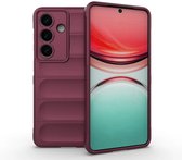 Donkerpaarse telefoonhoes met horizontale ribbels, en een telefoon met rode en groene wallpaper.