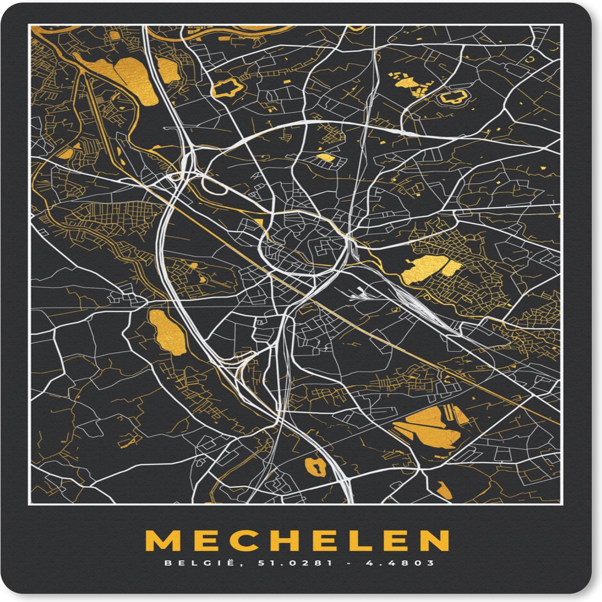 Muismat 30x30 cm - Mousepad Stadskaart - Mechelen - Goud - Plattegrond - Kaart - Muismatten - Stadskaart