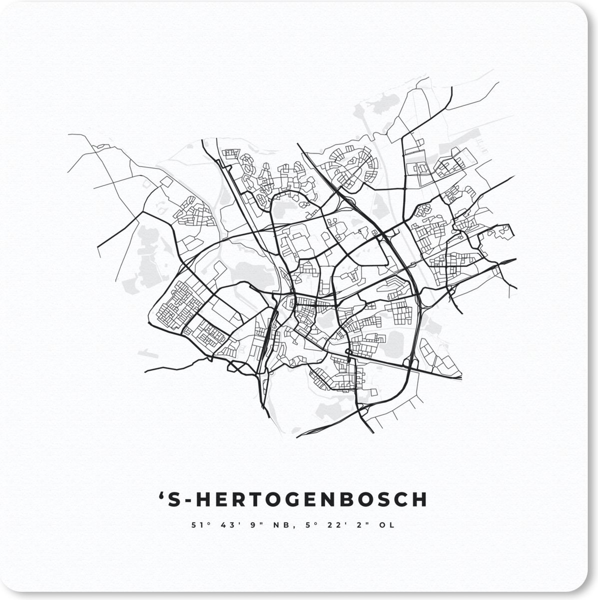 Muismat 20x20 cm - Mousepad Nederland – 'S Hertogenbosch – Stadskaart – Kaart – Zwart Wit – Plattegrond - Muismatten - Stadskaart