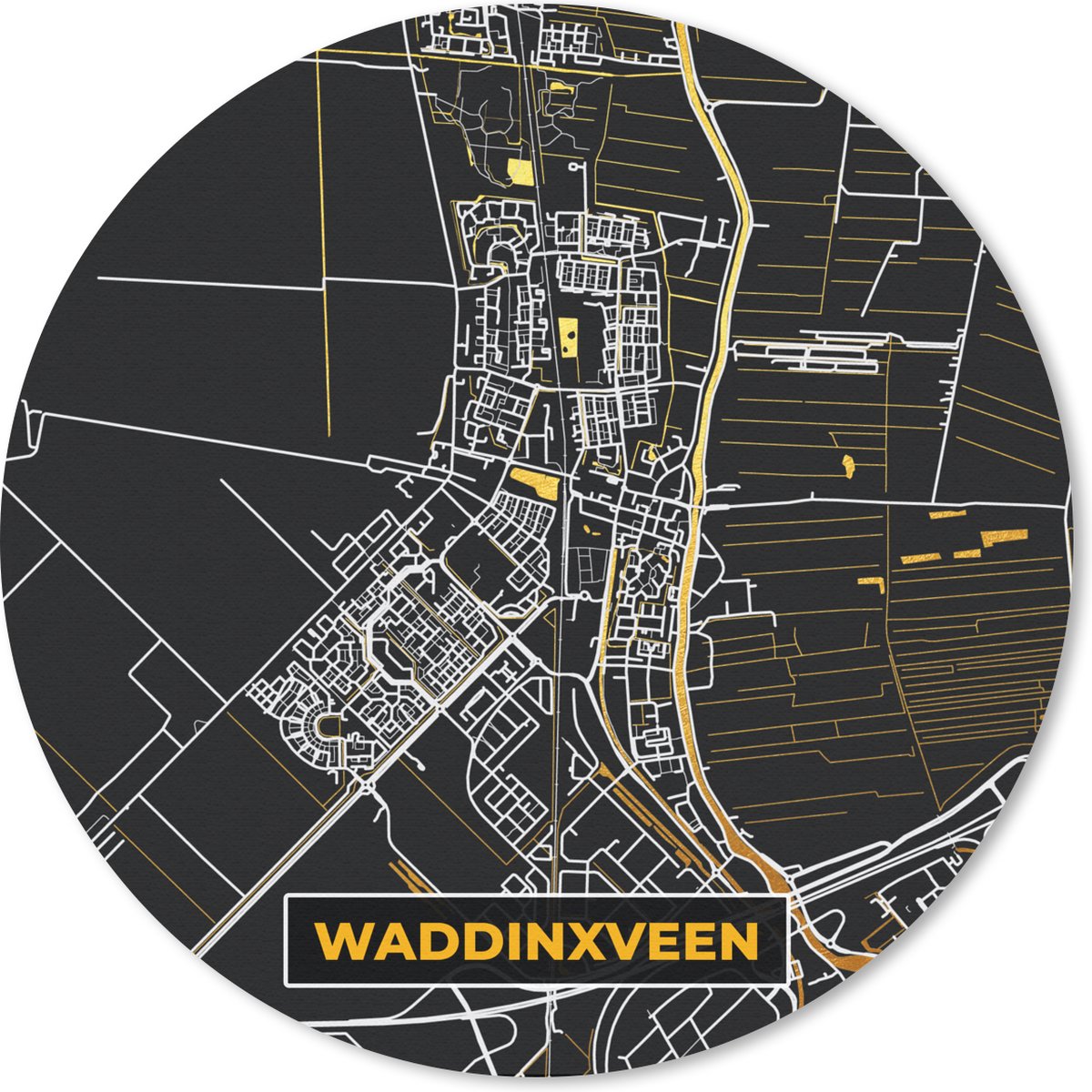 Muismat rond 20x20 cm - Mousepad Waddinxveen - Stadskaart - Kaart - Plattegrond - Goud - Ronde muismatten - Stadskaart