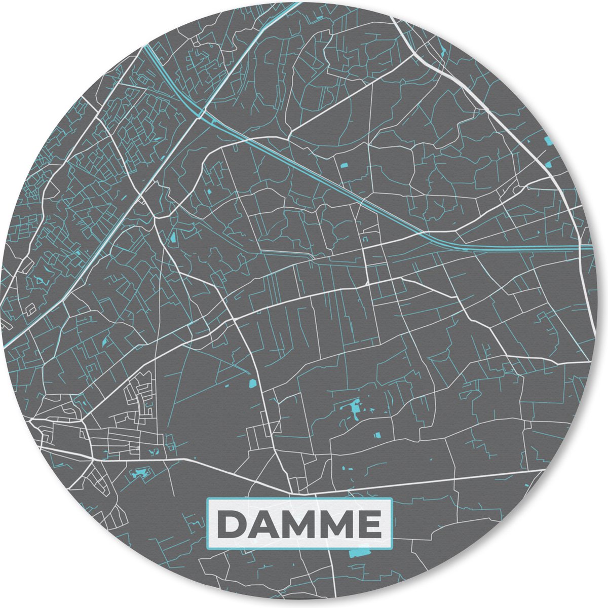 Muismat rond 40x40 cm - Mousepad België – Damme – Stadskaart – Kaart – Blauw – Plattegrond - Ronde muismatten - Stadskaart